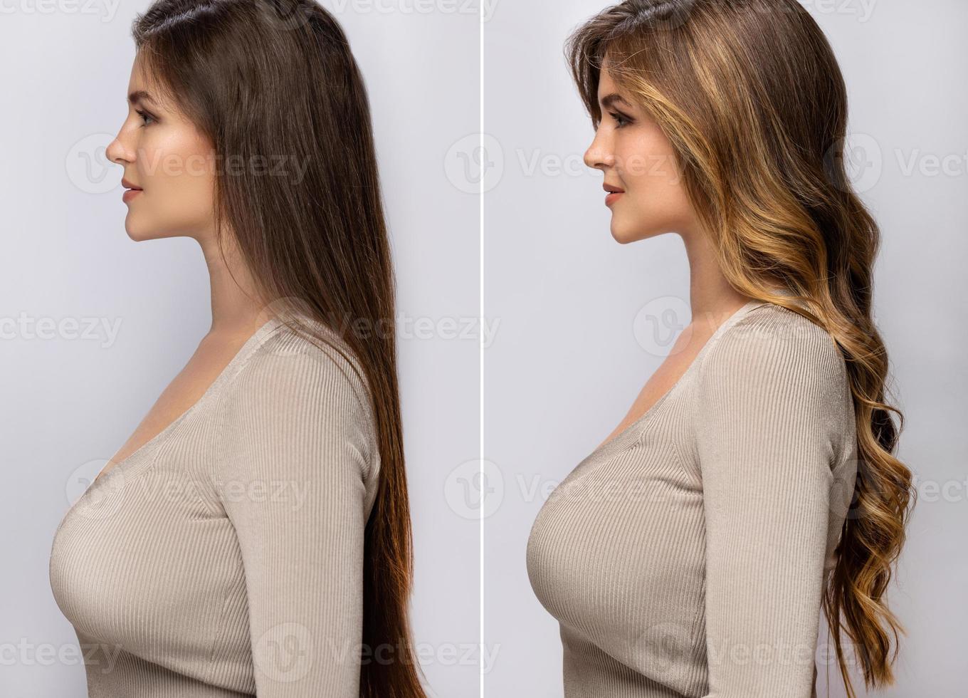 cabelo depois de tingir e modelar em um salão profissional foto