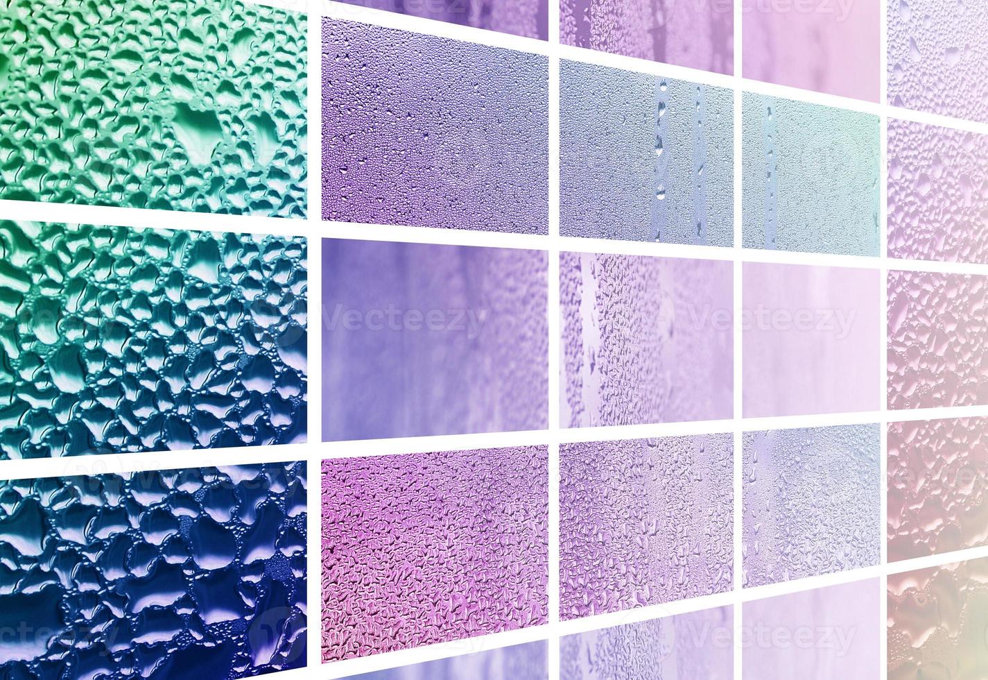 uma colagem de diversos fragmentos de vidro, decorados com gotas de chuva do condensado. tons de roxo e violeta foto