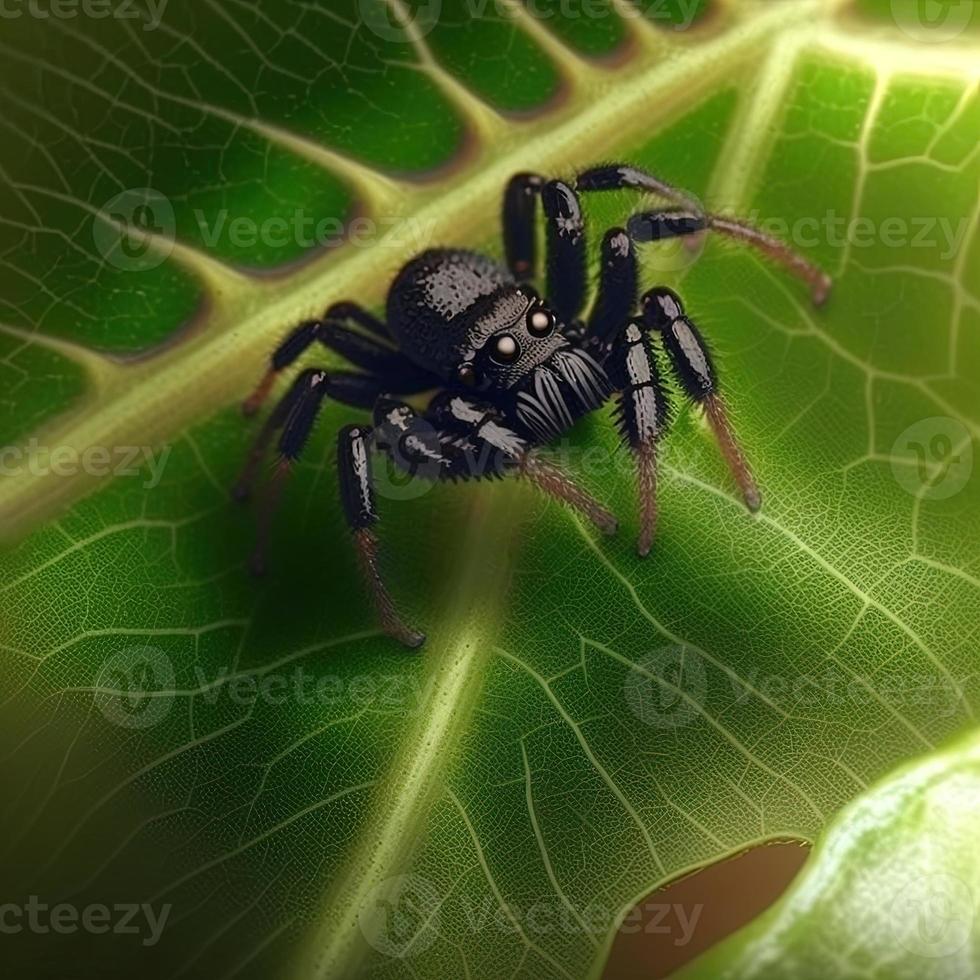 aranha fofa de cor preta em cima de uma folha foto