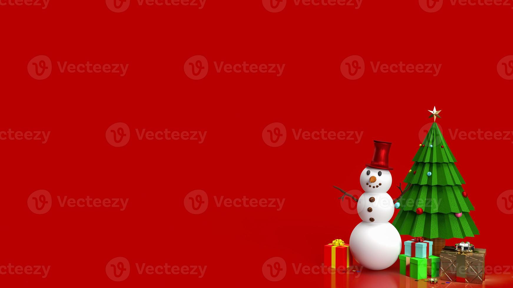 o boneco de neve e a árvore de natal na renderização 3d de fundo vermelho foto