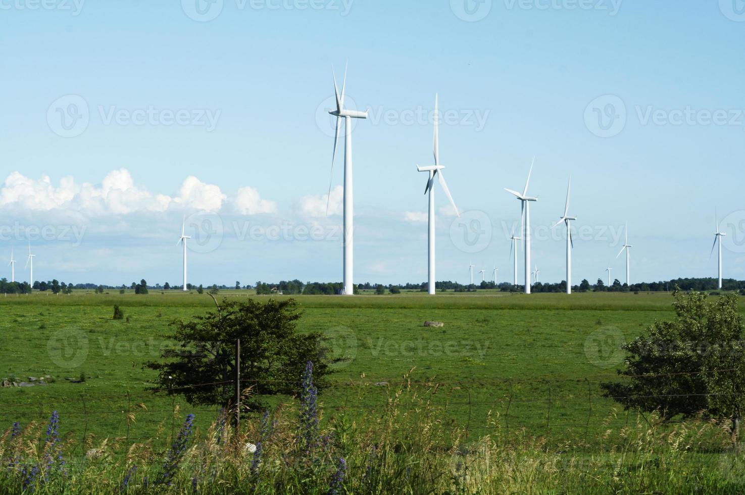 moinhos de vento estão contra um céu azul nublado foto