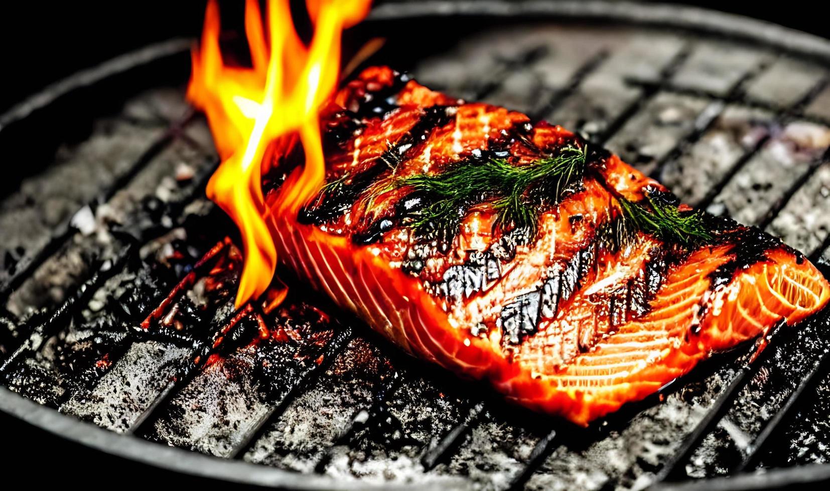 salmão grelhado. salmão assado de comida saudável. prato de peixe quente. foto