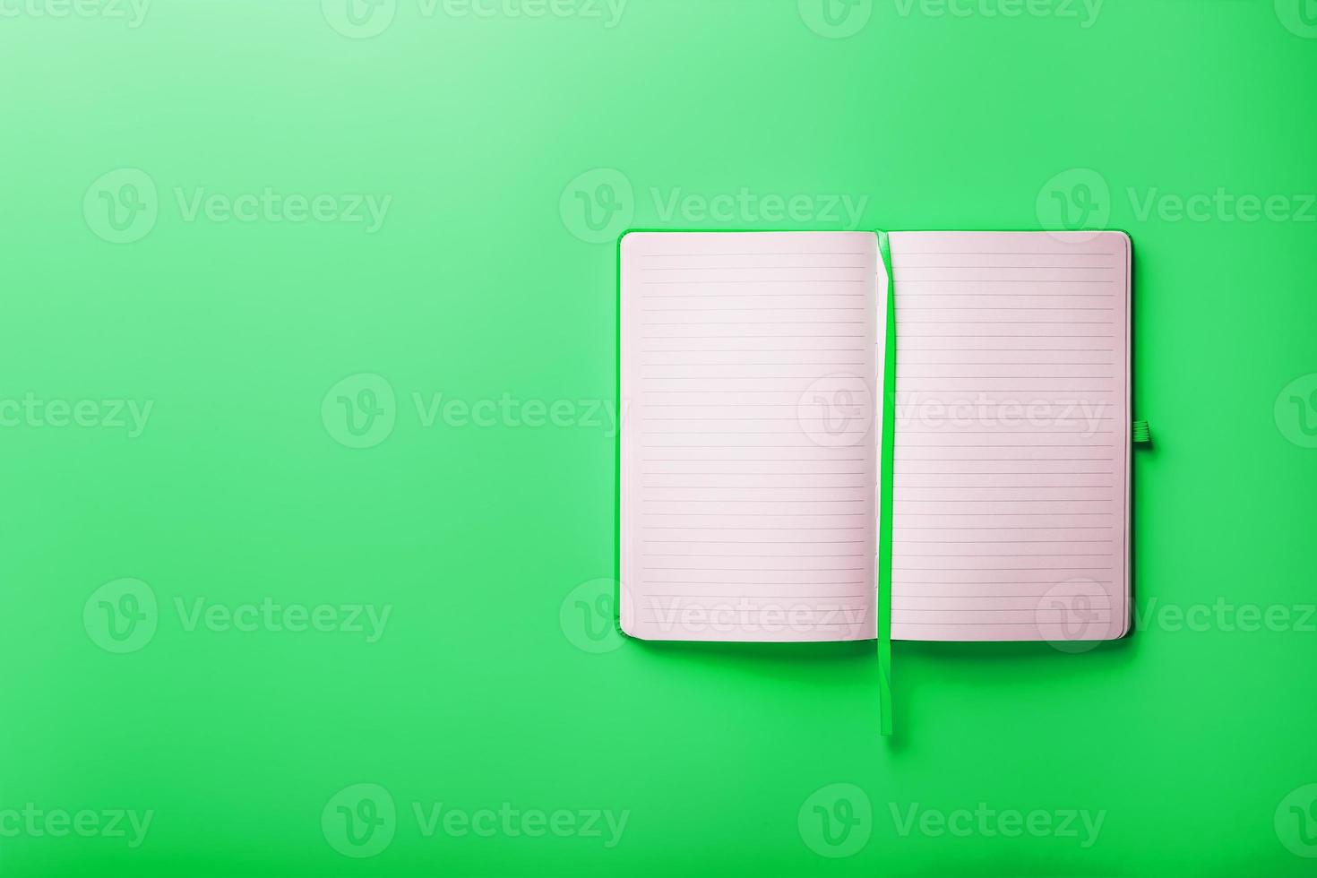caderno aberto, um livro com páginas em branco e em branco sobre um fundo verde, vista superior. foto