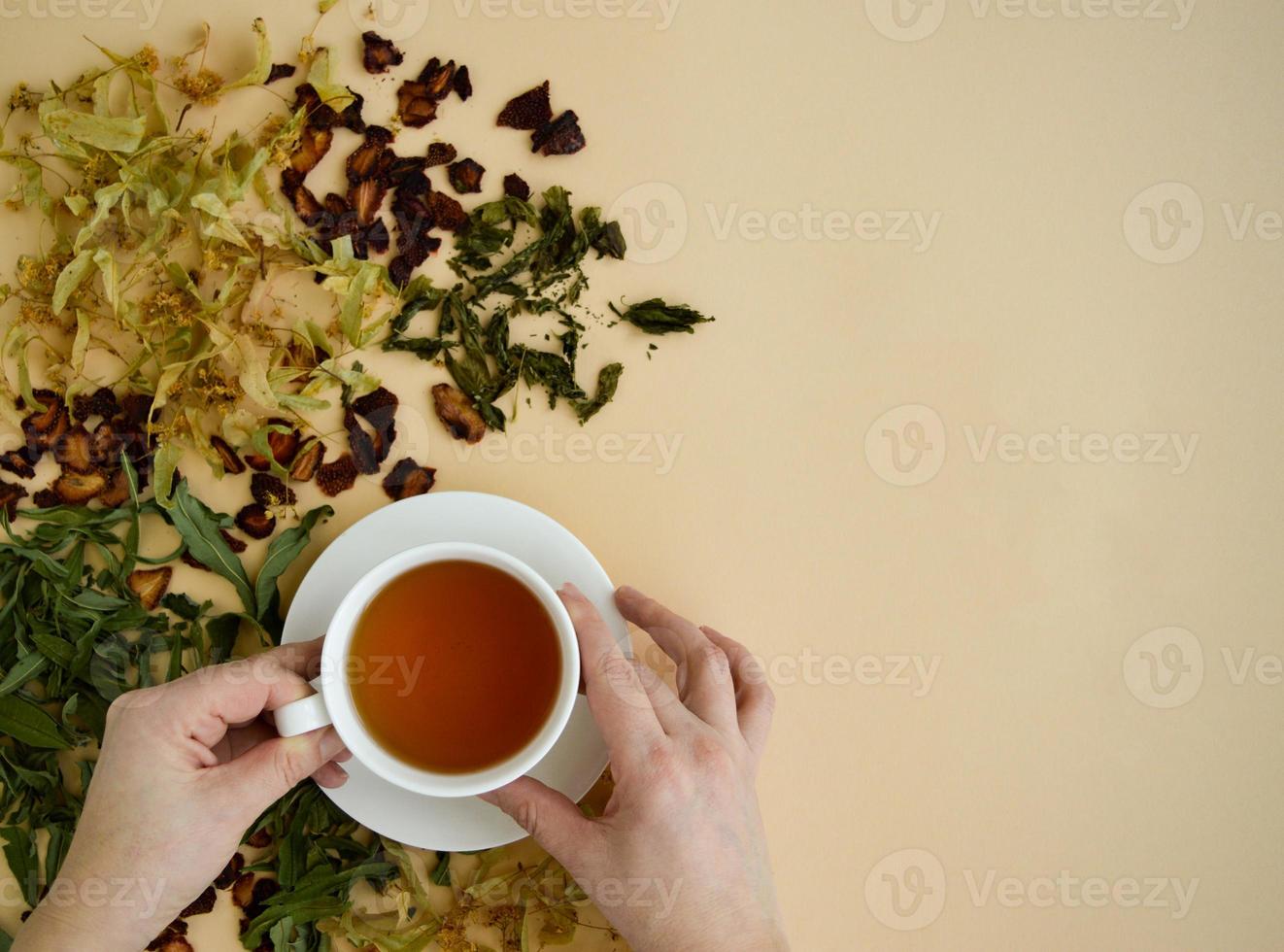 chá de ervas em uma xícara branca para beleza e saúde, ervas secas, flores de tília e morangos estão por aí. foto