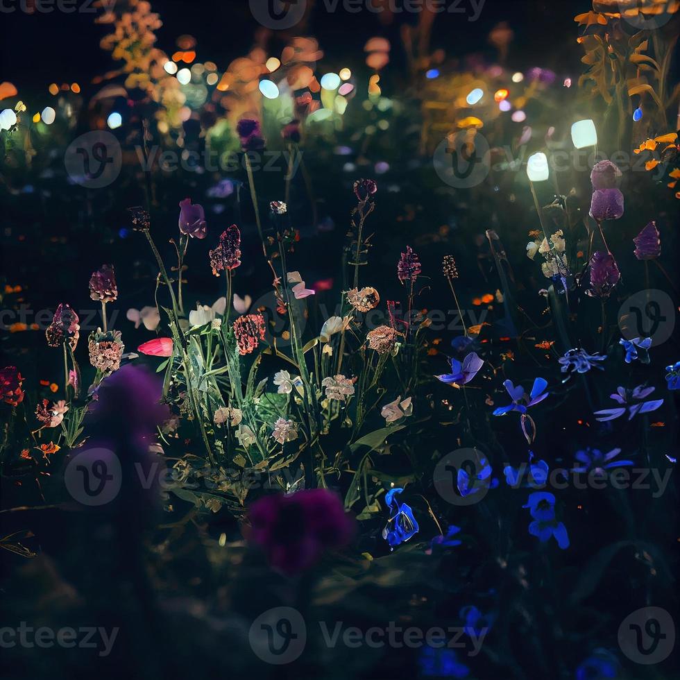 campo de flores desabrochando em um jardim encantado com luzes de fada foto