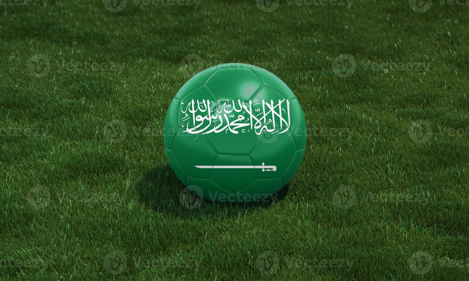 bola de futebol com as cores da bandeira da Arábia Saudita em um estádio em fundo de gramíneas verdes. foto