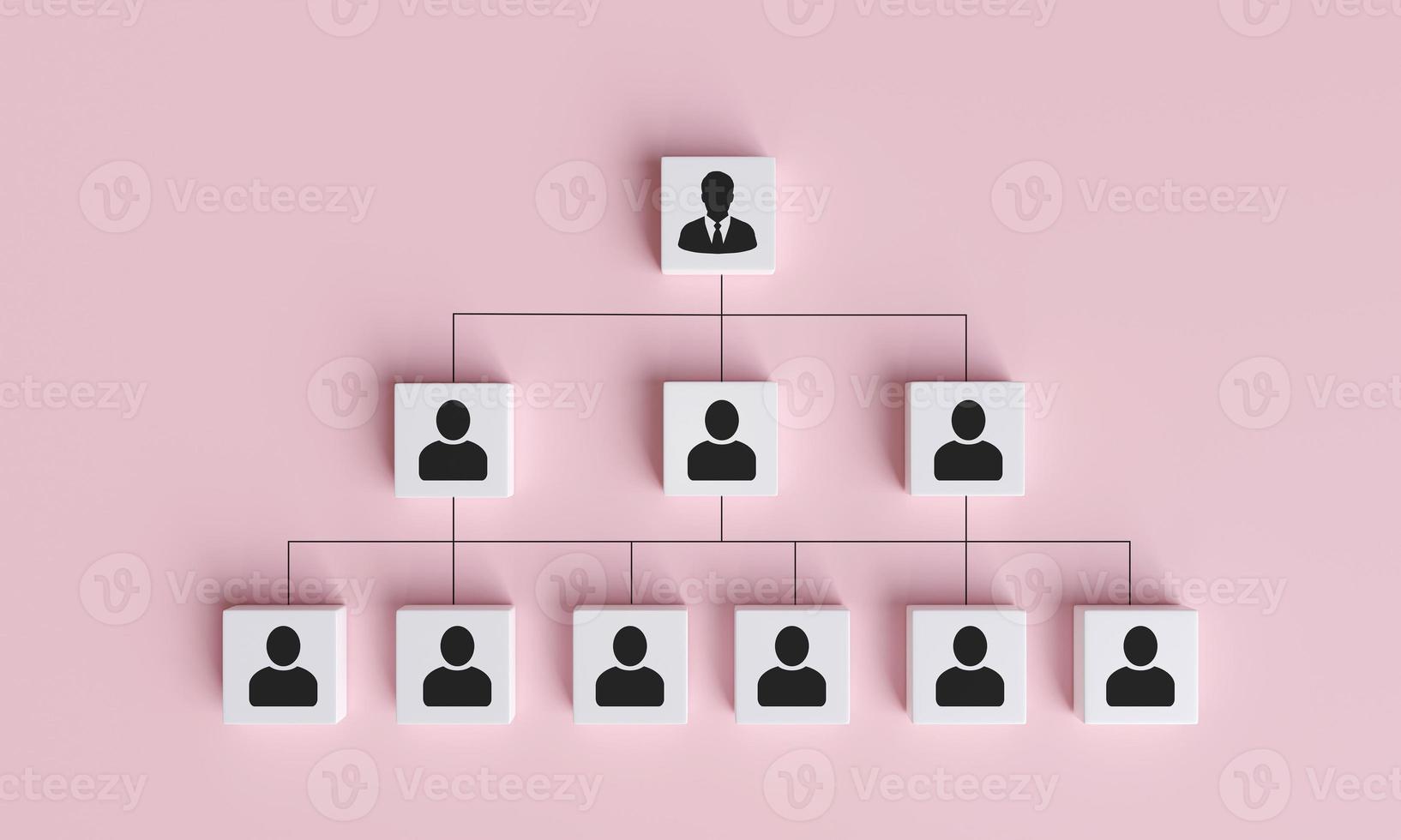 ícone humano no cubo quadrado com diagrama de posição de conexão de linha. conceito de estrutura organizacional, gráfico de cargos, gestão organizacional e gestão de recursos humanos. ilustração de renderização 3D foto