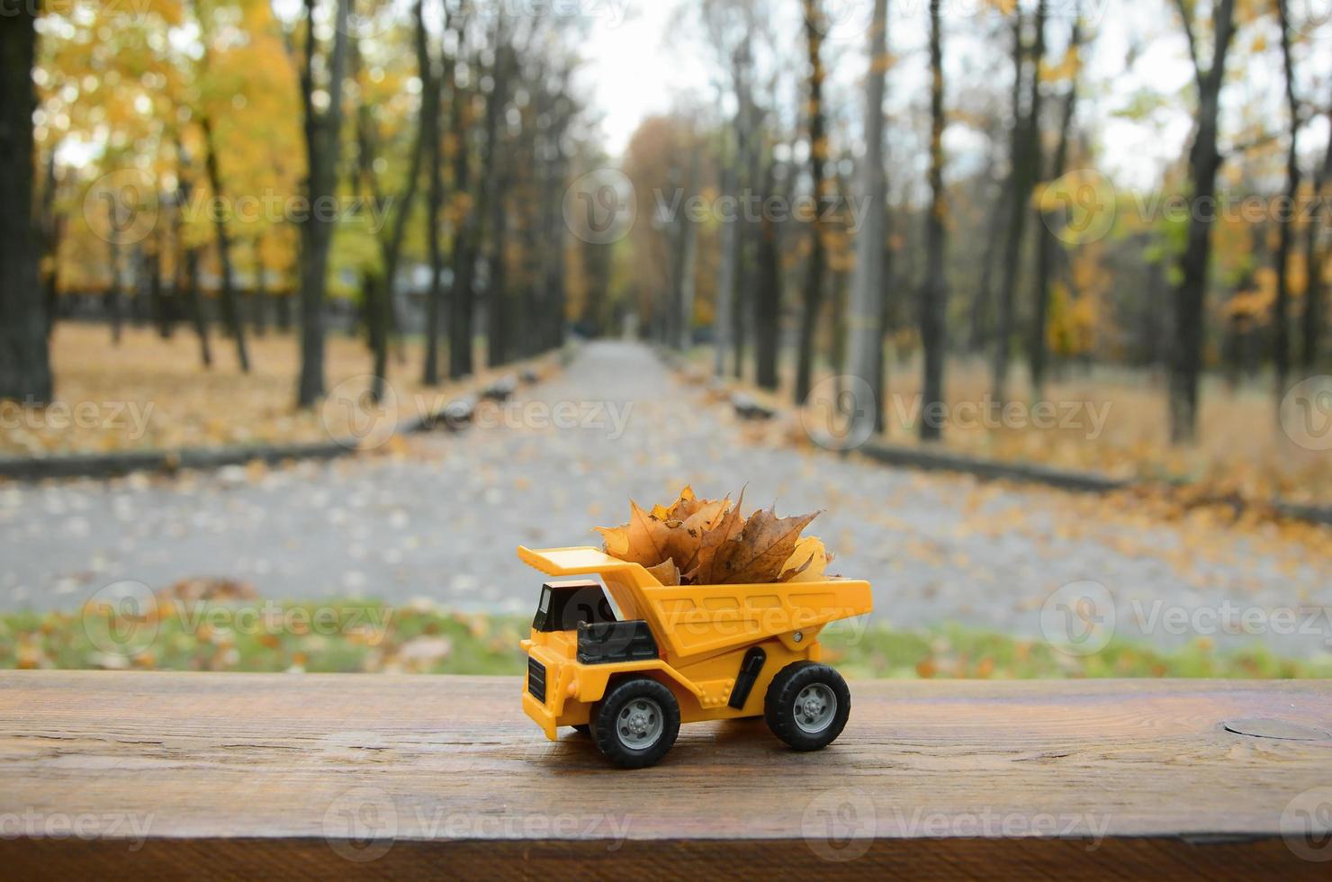 um pequeno caminhão amarelo de brinquedo é carregado com folhas amarelas caídas. o carro fica em uma superfície de madeira contra um fundo de um parque de outono embaçado. limpeza e remoção de folhas caídas. trabalhos sazonais foto