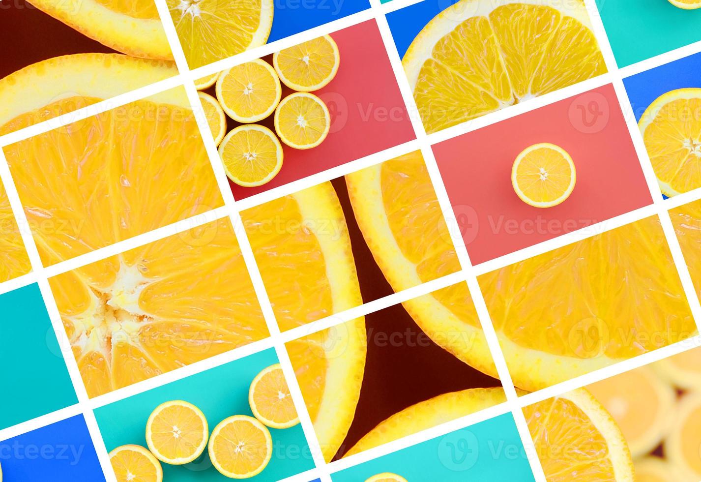 uma colagem de muitas fotos com laranjas suculentas. conjunto de imagens com frutas em fundos de cores diferentes