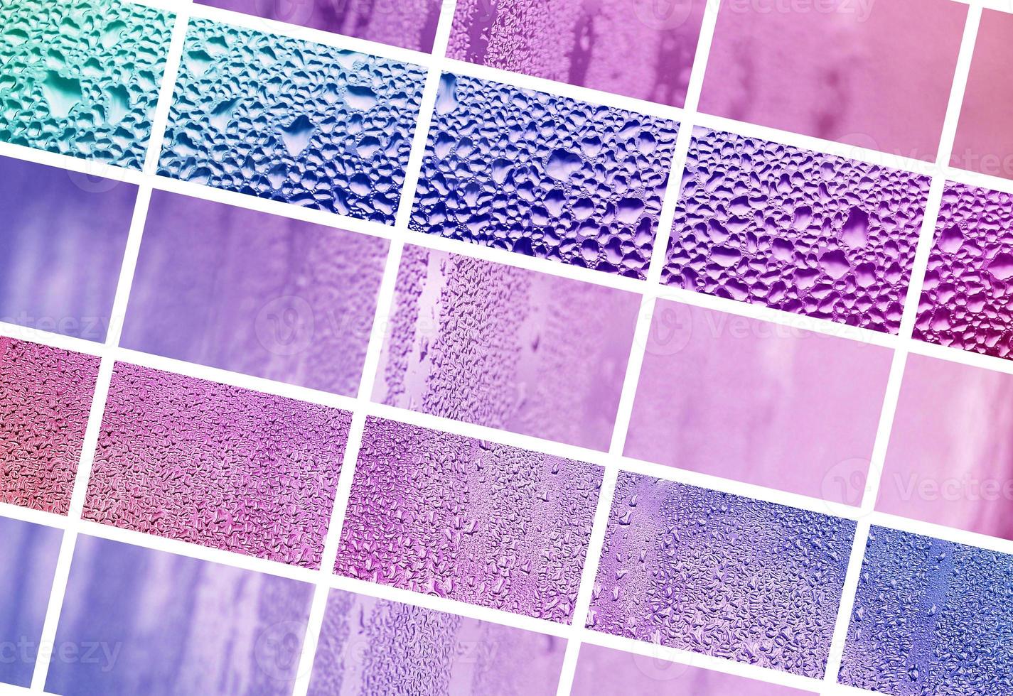 uma colagem de diversos fragmentos de vidro, decorados com gotas de chuva do condensado. tons de roxo e violeta foto