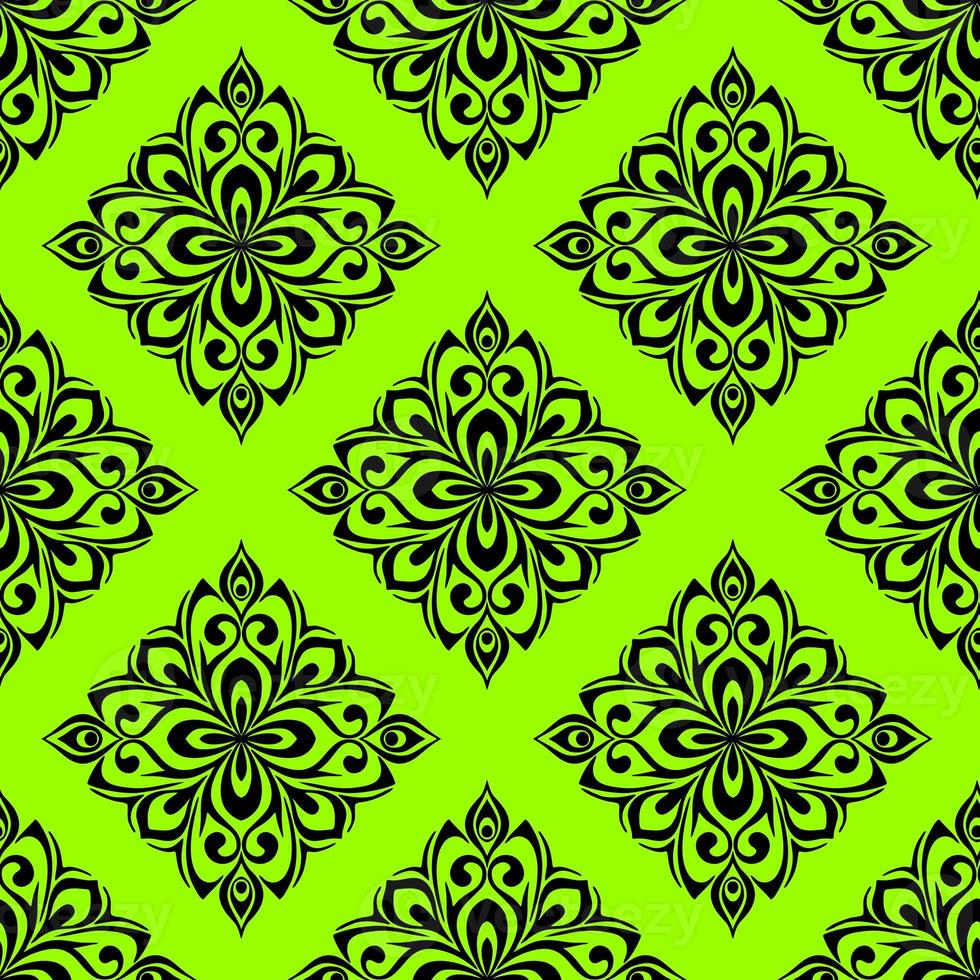 padrão gráfico sem costura, azulejo de ornamento floral preto sobre fundo verde, textura, design foto