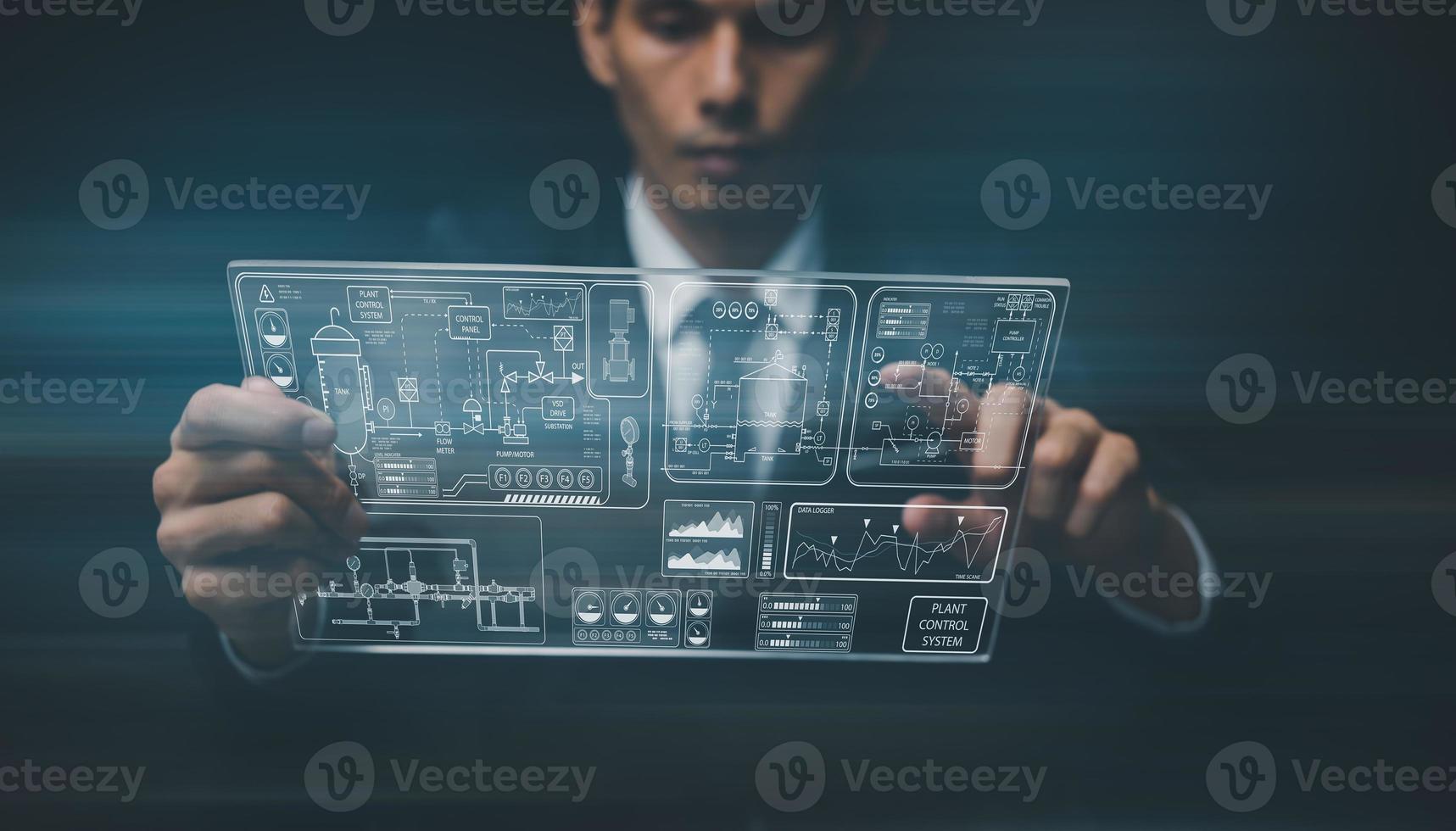 diagrama de tubulação e instrumentos engenheiros da equipe de controle do sistema estão inspecionando processos de fabricação trabalhando em telas holográficas da indústria mostrando vários sistemas de tubulação e controle dentro da planta foto