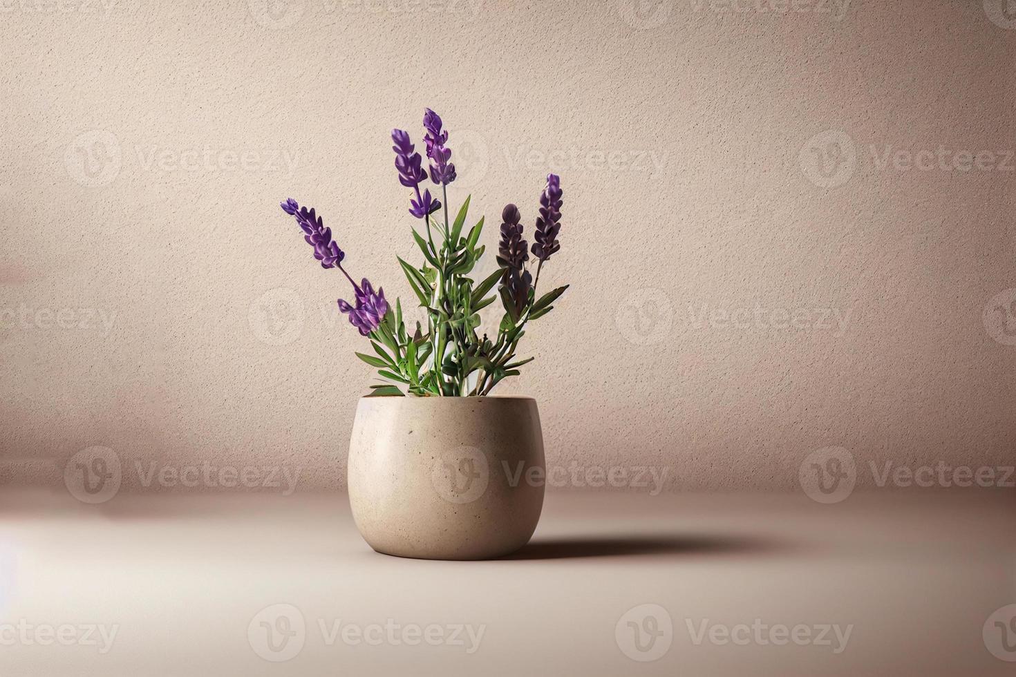 pote de cerâmica bege com planta no pódio de pedra de mármore natural. foto