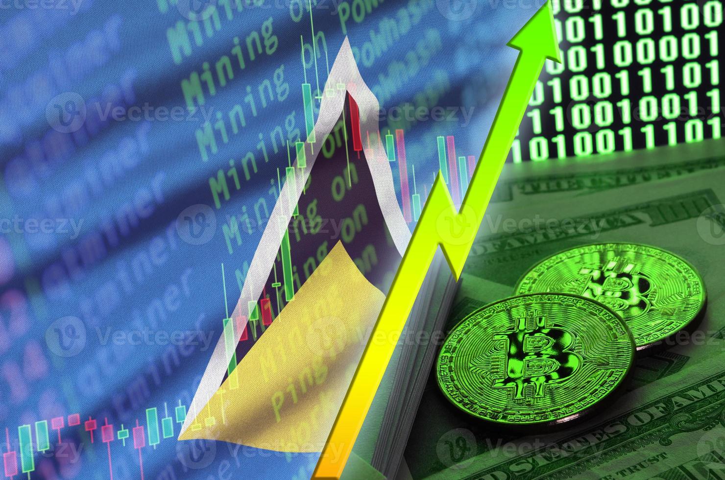 bandeira de santa lucia e tendência crescente de criptomoeda com dois bitcoins em notas de dólar e exibição de código binário foto