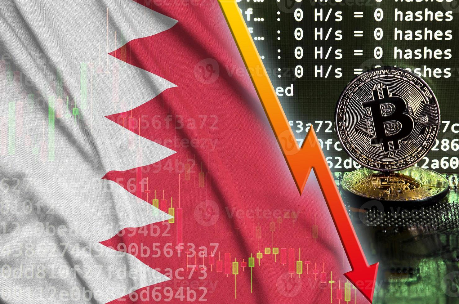 bandeira do bahrein e seta vermelha caindo na tela de mineração de bitcoin e dois bitcoins dourados físicos foto