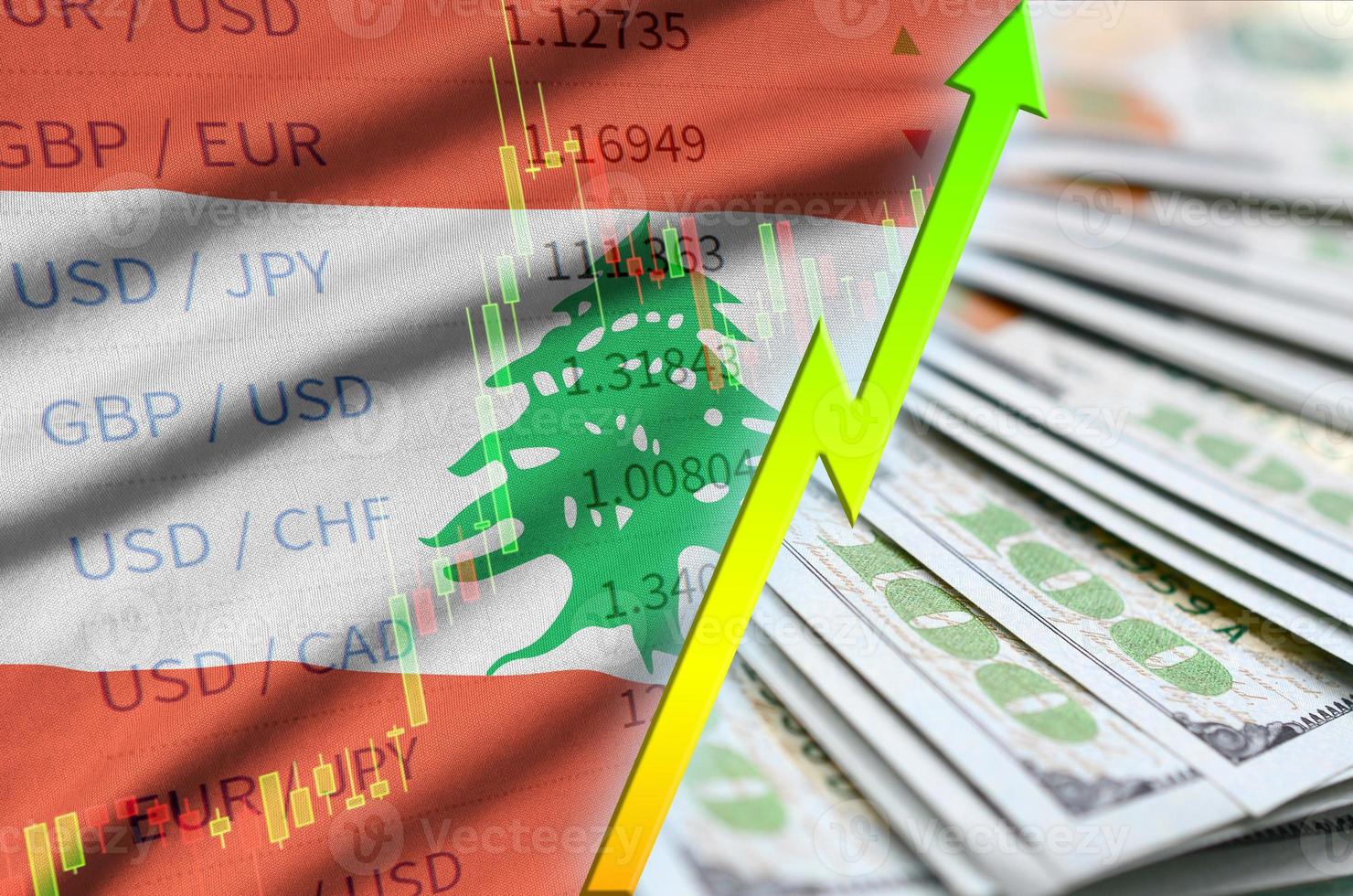 bandeira do líbano e gráfico aumentando a posição do dólar americano com um leque de notas de dólar foto