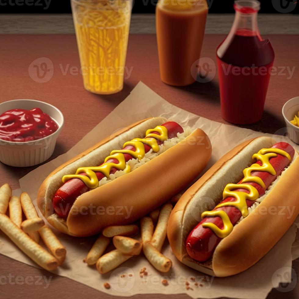 cachorros-quentes com ketchup, mostarda amarela, batata frita e refrigerante. foto