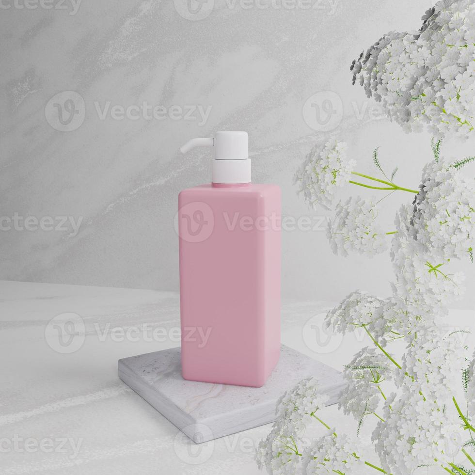 Garrafa de headpump de loção rosa de renderização 3D em fundo de mármore branco com flor branca foto