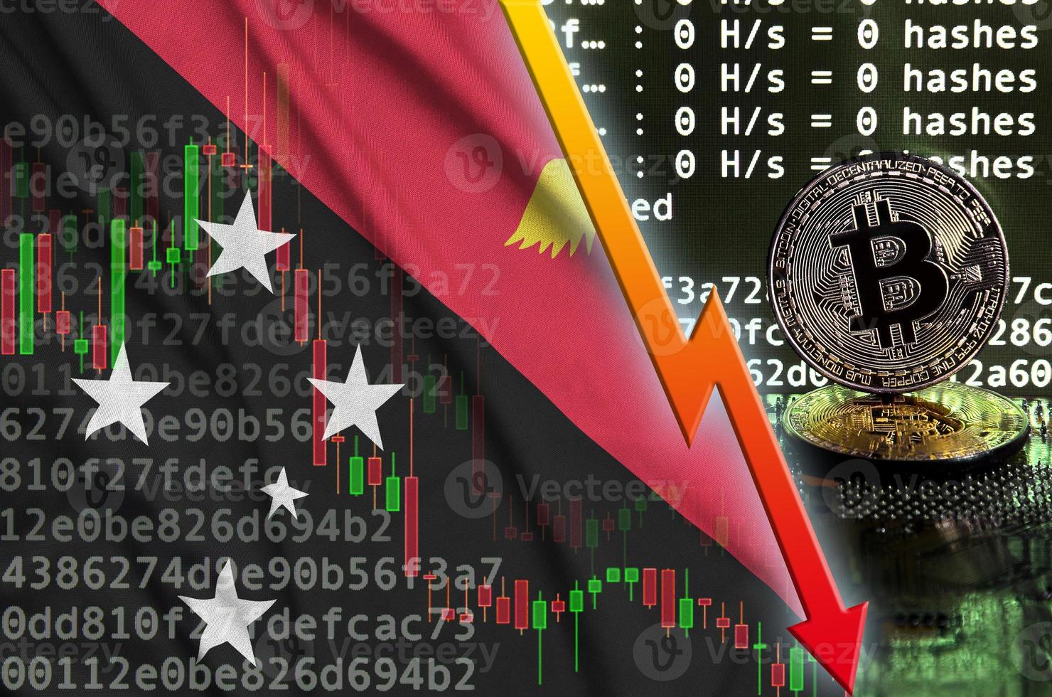 bandeira de papua nova guiné e seta vermelha caindo na tela de mineração de bitcoin e dois bitcoins dourados físicos foto