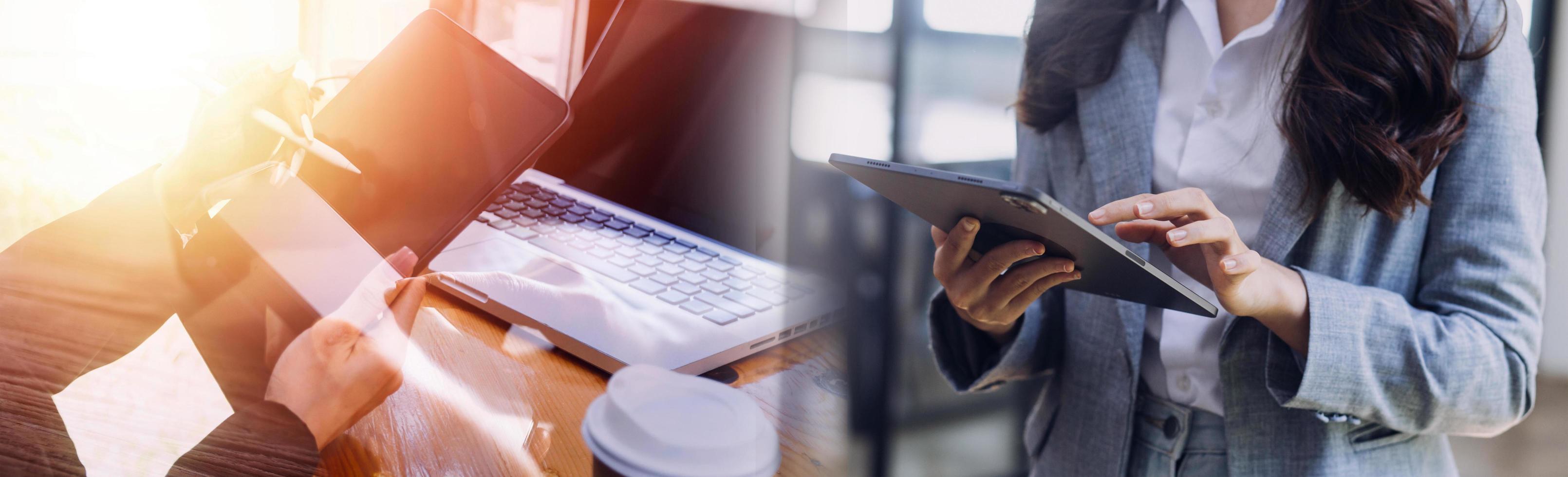 empresário e equipe analisando a tarefa de finanças do balanço financeiro. com telefone inteligente e laptop e tablet. conceito de gestão de riqueza foto