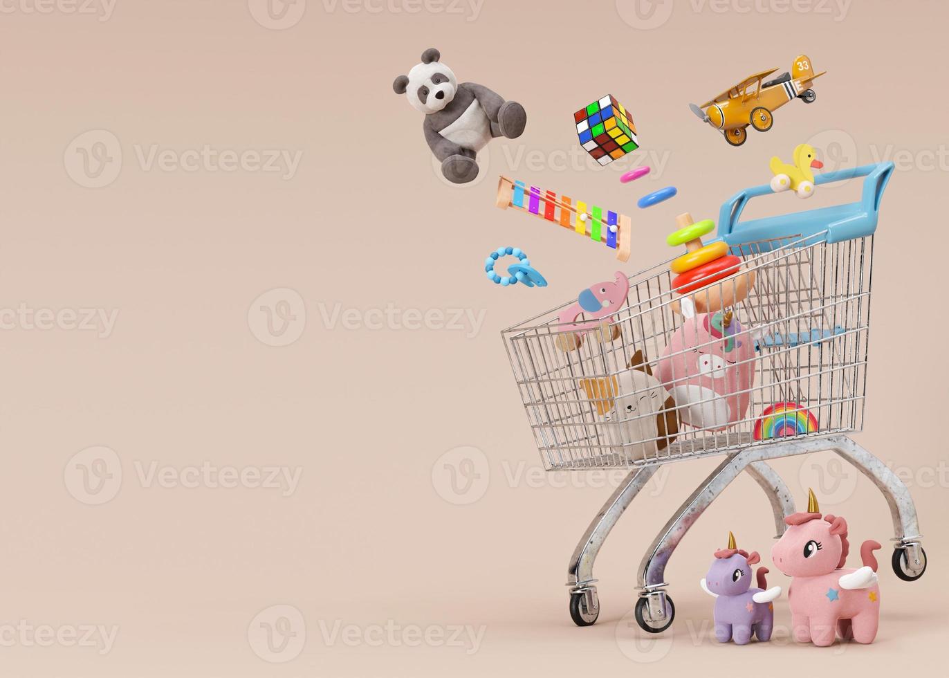 carrinho de compras, carrinho com brinquedos infantis em fundo rosa, copie o espaço. brinquedos multicoloridos para criança ou bebê. venda de brinquedos, boa oferta, desconto. espaço vazio para o seu texto. renderização 3D. foto