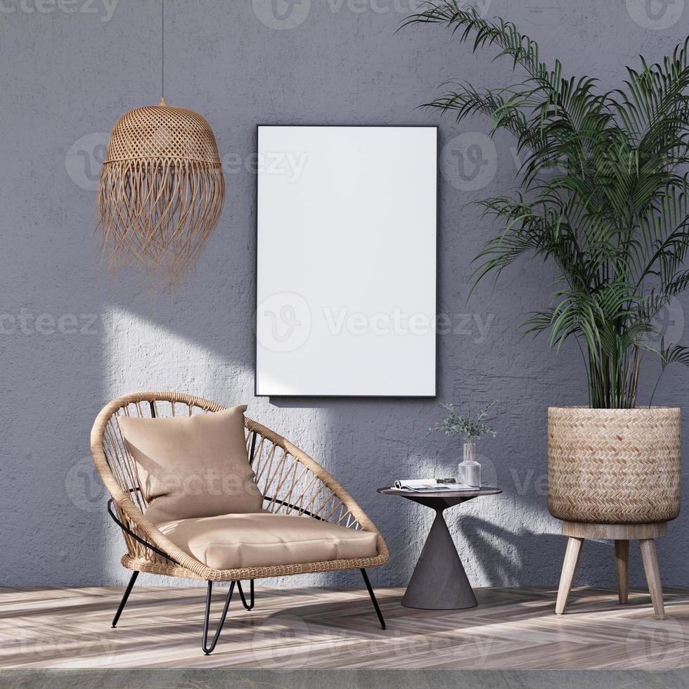 simular quadro de pôster em quartos interiores modernos totalmente mobiliados foto