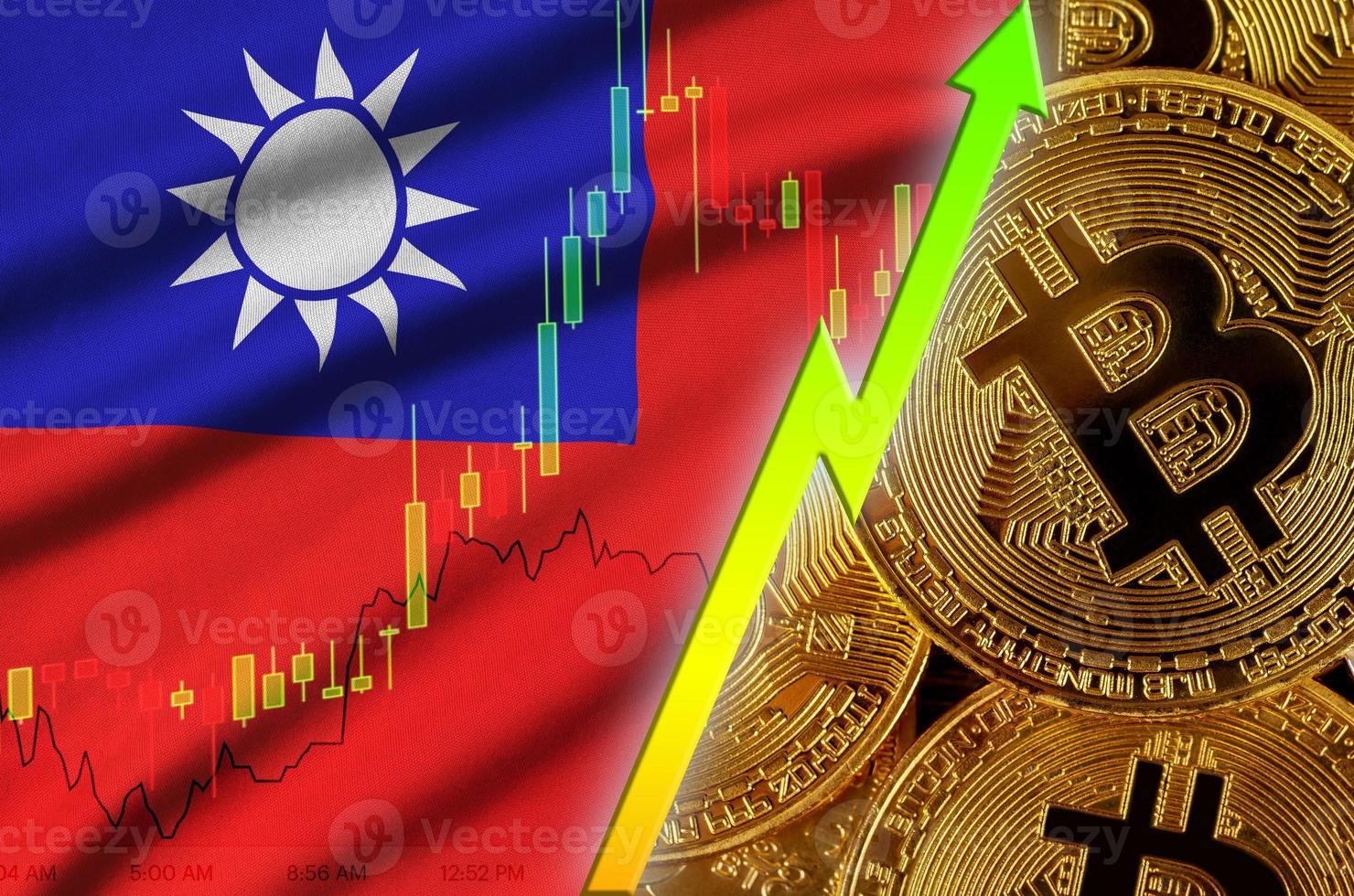 bandeira de taiwan e tendência crescente de criptomoeda com muitos bitcoins dourados foto