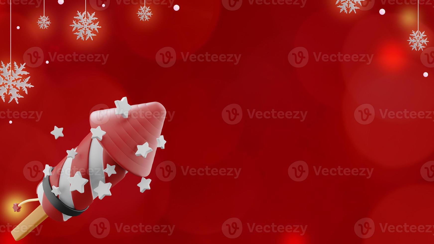 banner de natal em fundo vermelho com foguete de fogos de artifício e flocos de neve no espaço da cópia foto