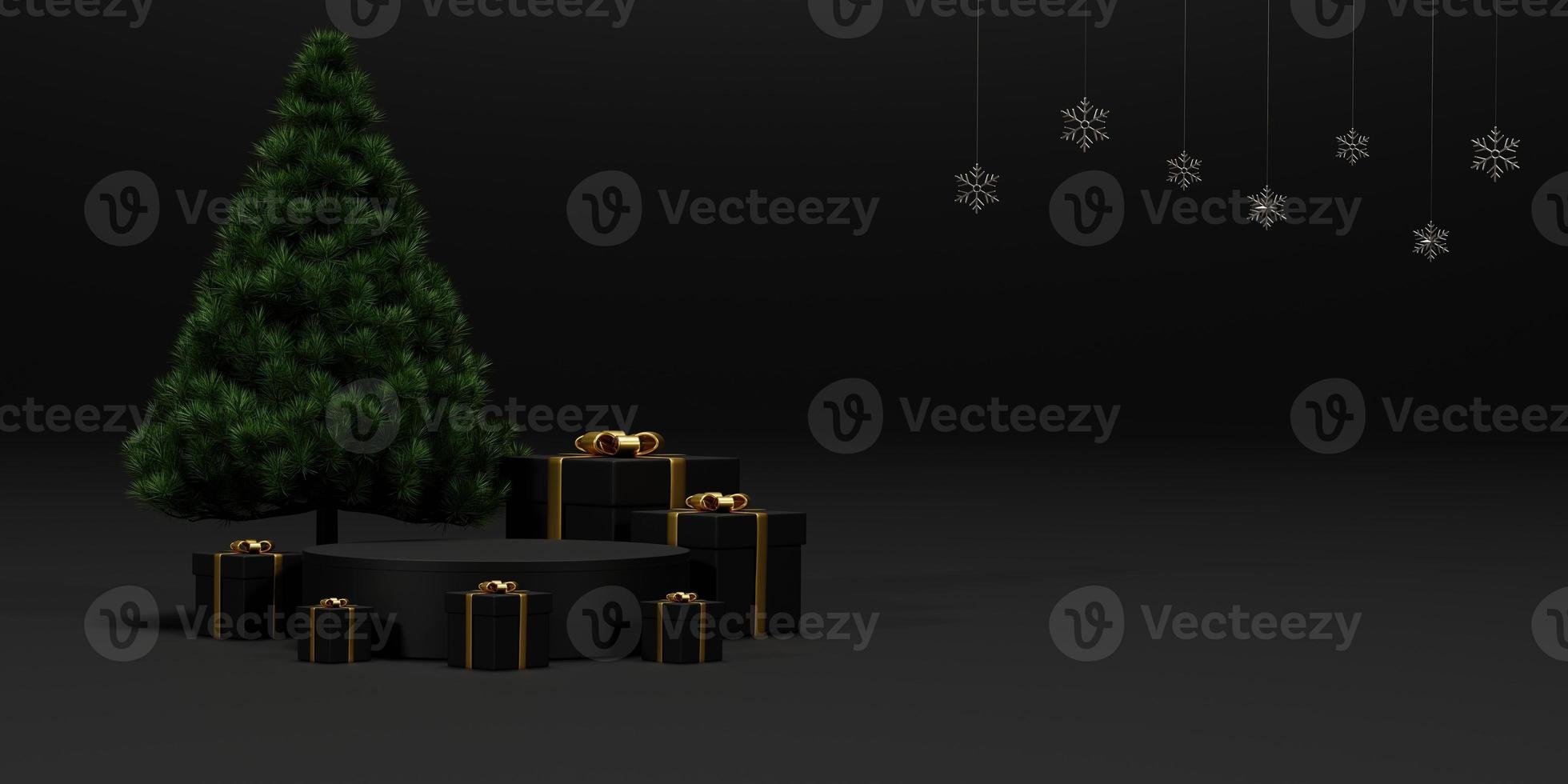 renderização 3d de fundo para o natal e ano novo com fundo de cores preto e ouro. caixa de presente, pinheiro, floco de neve e pódio circular nas cores ouro e preto. fundo de ilustração 3D. foto