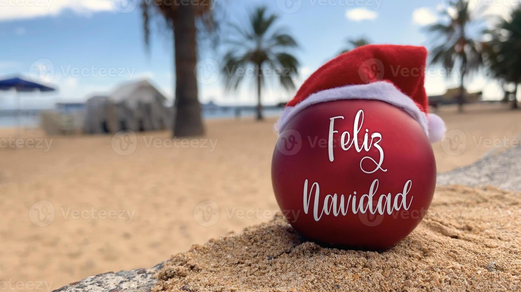 bomba de natal com chapéu de papai noel com palavras feliz natal em espanhol na praia deitada na areia com palmeiras e céu azul ao fundo. feliz natal do paraíso, ilha exótica. foto