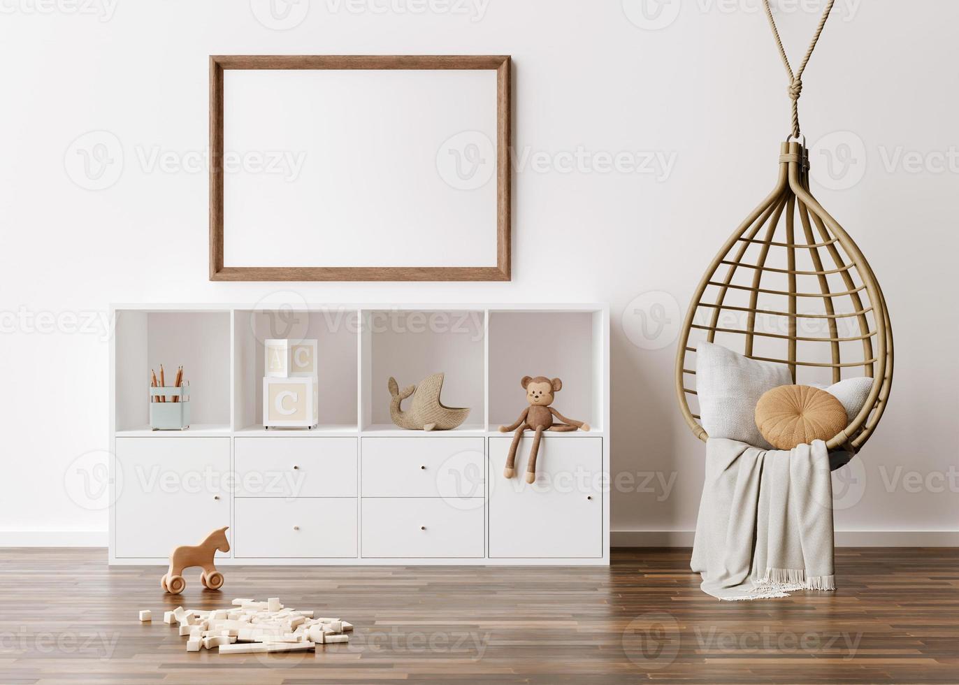 moldura vazia na parede branca no quarto de criança moderna. mock up interior em estilo boho escandinavo. livre, copie o espaço para sua foto. console, poltrona de vime, brinquedos. quarto aconchegante para crianças renderização em 3d foto