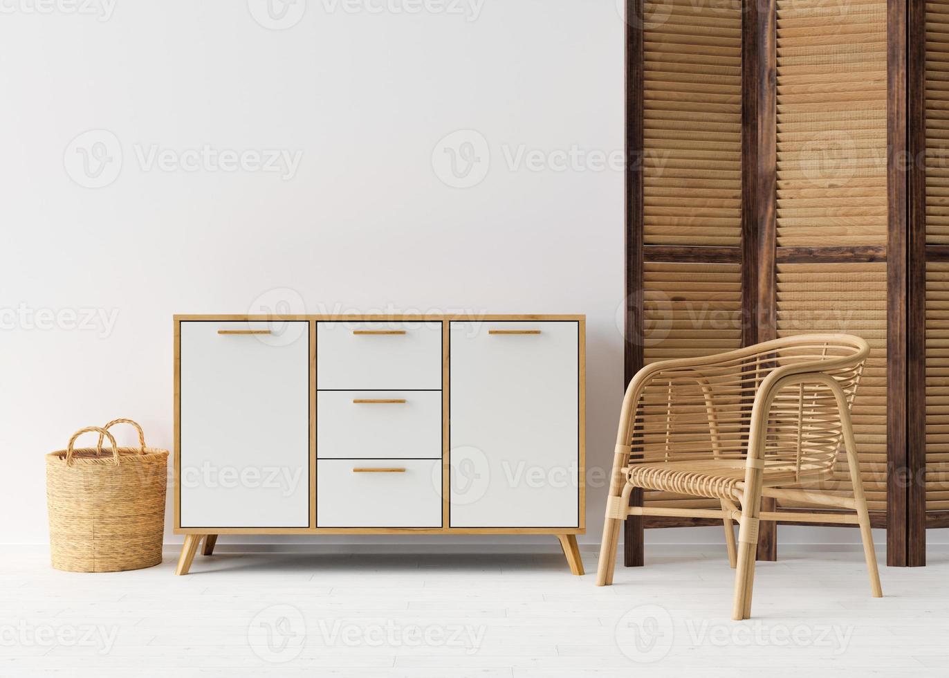 parede branca vazia na moderna sala de estar. mock up interior em estilo boho escandinavo. espaço livre, copie o espaço para sua imagem, texto ou outro design. console de madeira e poltrona de vime. renderização 3D foto