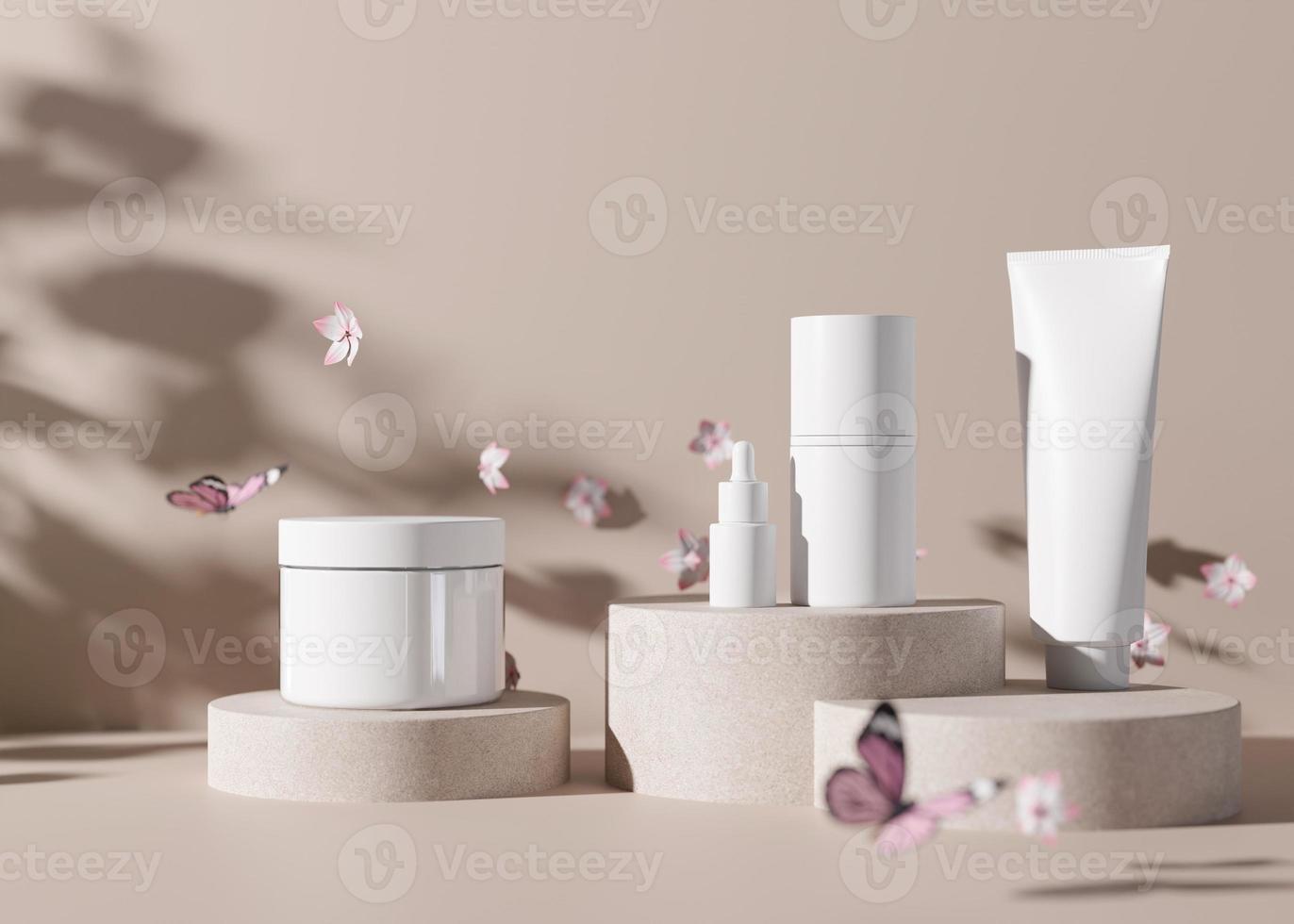 grupo de frascos de creme cosmético branco e em branco e sem marca e tubos em fundo marrom com flores voadoras. apresentação de produtos para cuidados com a pele. maquete elegante. beleza e spa. primavera, flor. renderização 3D. foto