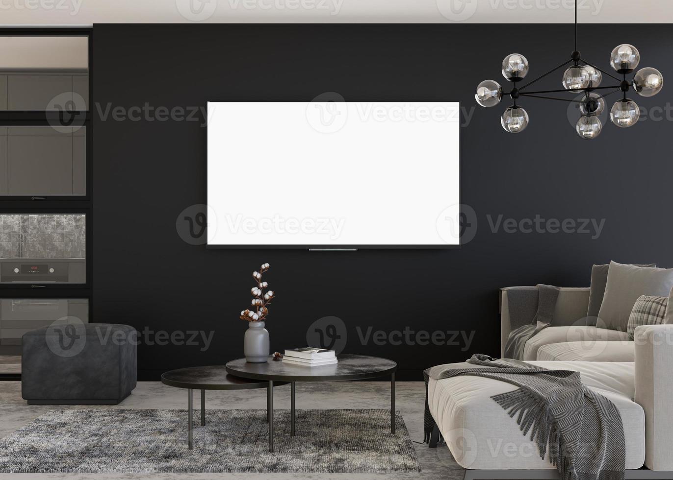 tv led com tela branca em branco, pendurada na parede em casa. maquete de tv. copie o espaço para publicidade, filme, apresentação de aplicativos. tela de televisão vazia pronta para seu projeto. interior moderno. renderização 3D. foto