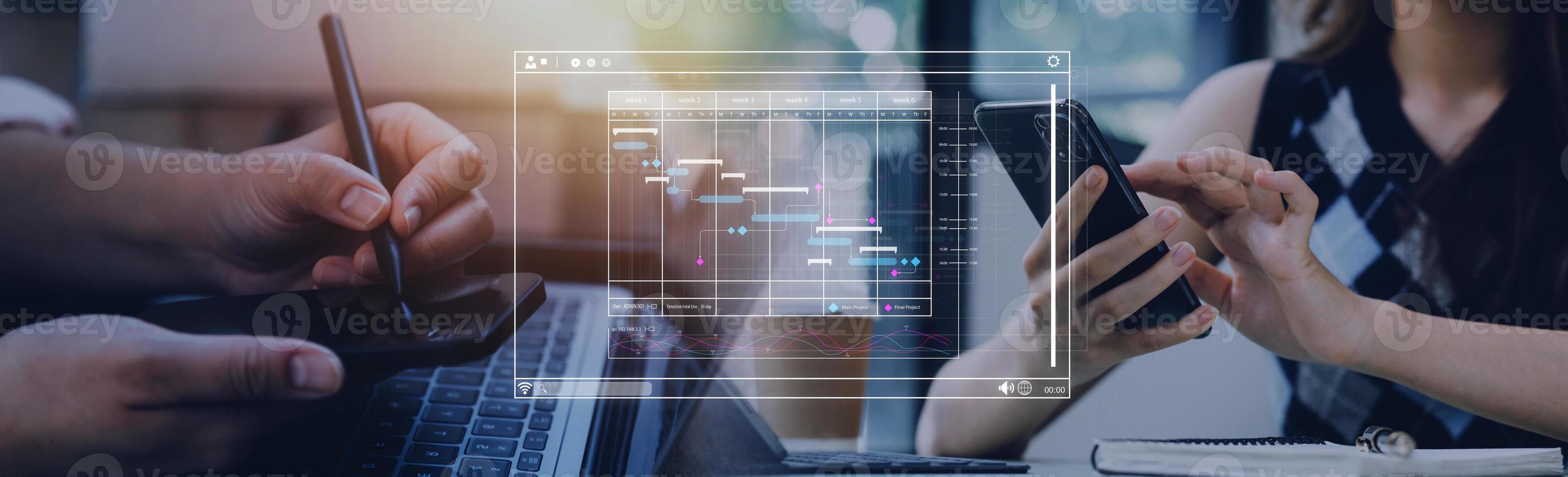 analista trabalhando com computador em análise de negócios e sistema de gerenciamento de dados para fazer relatório com kpi e métricas conectadas ao banco de dados. estratégia corporativa para finanças, operações, vendas, marketing foto