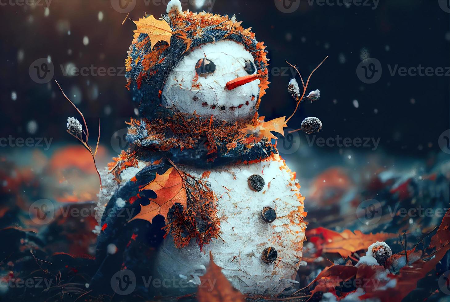 boneco de neve feliz no fundo do cenário de inverno foto