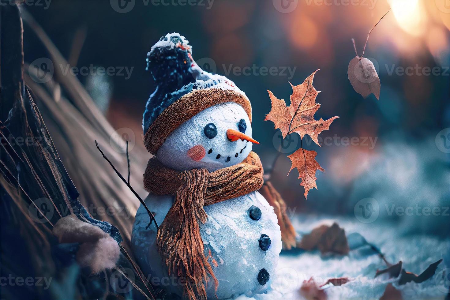 boneco de neve feliz no fundo do cenário de inverno foto