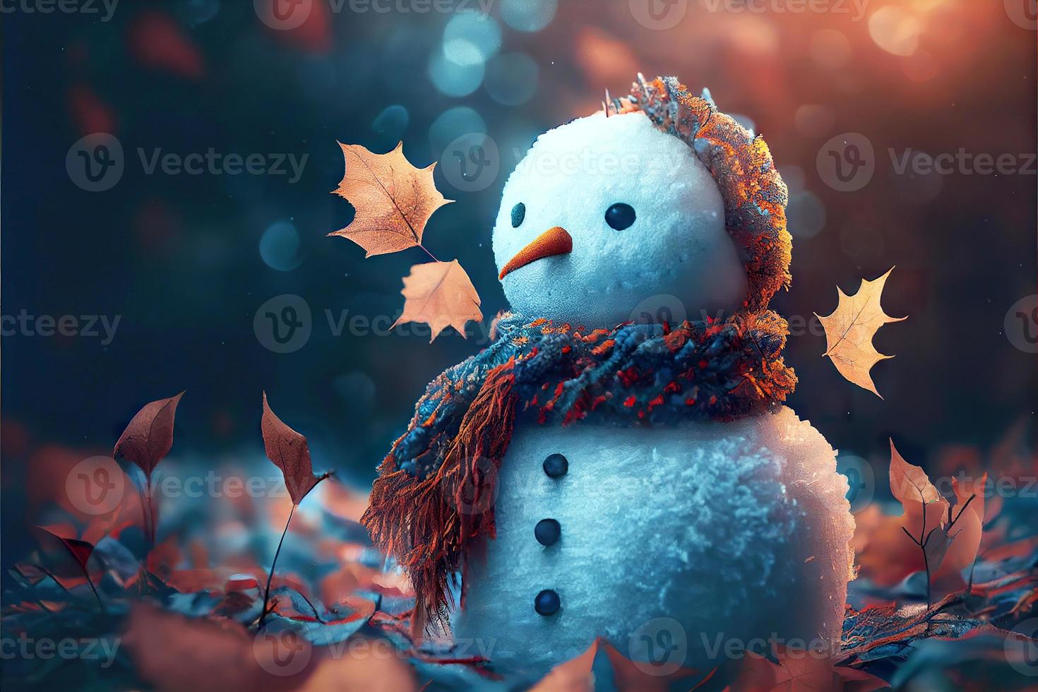 boneco de neve feliz no fundo do cenário de inverno foto