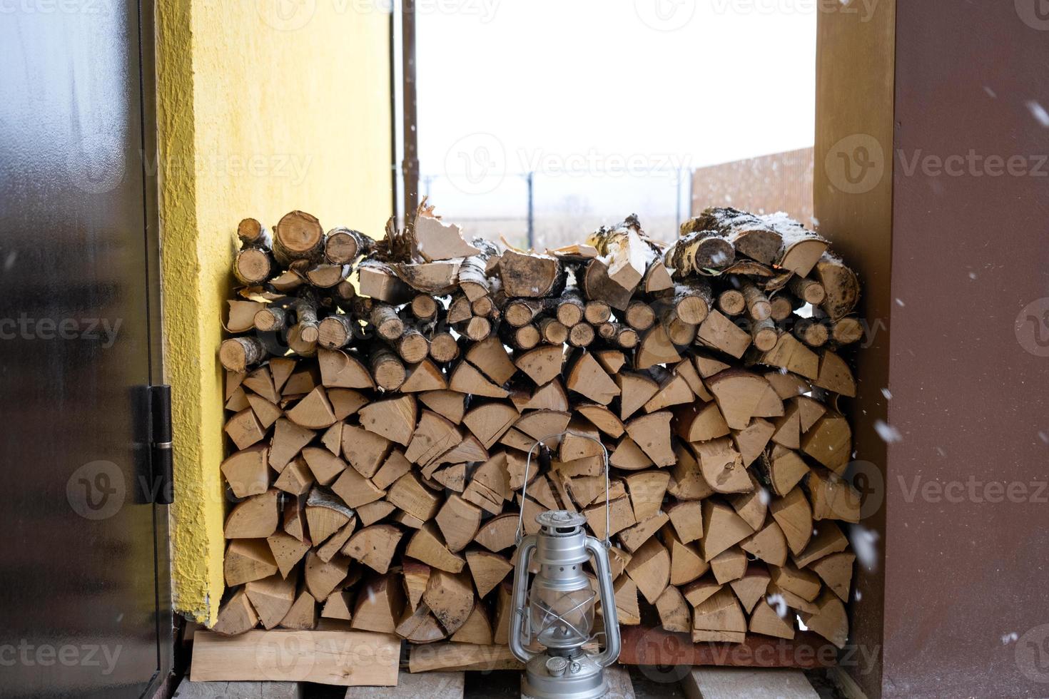 a lenha na varanda nevada da casa é colhida para o inverno. aquecimento da moradia com recuperador de calor, poupança de electricidade e gás em situação de crise, respeito pelo ambiente. foto