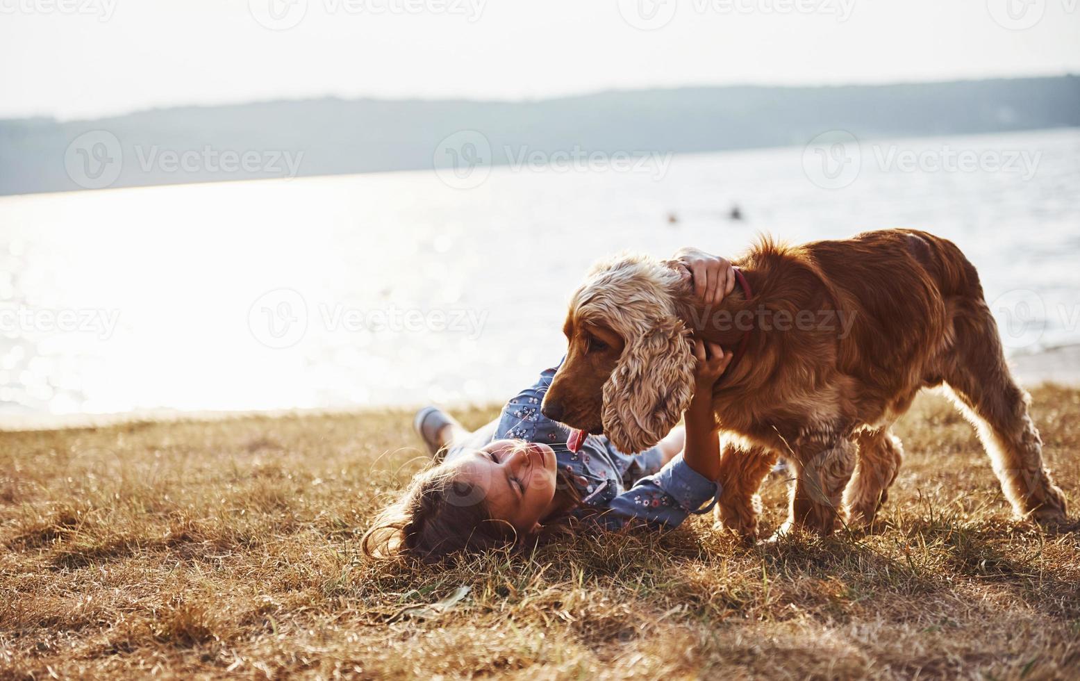 descansando perto do lago. menina bonitinha passear com seu cachorro ao ar livre em dia ensolarado foto