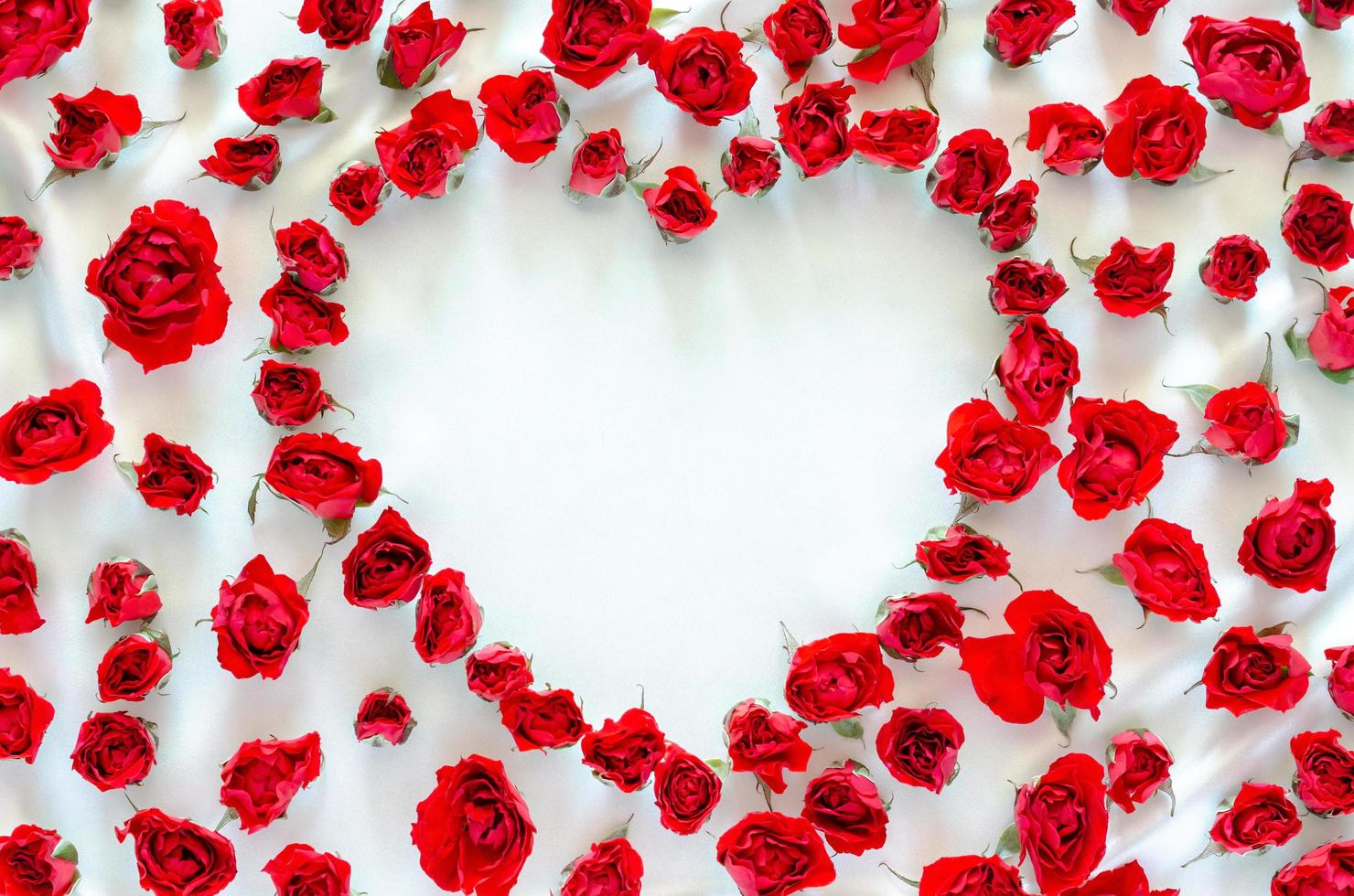 rosas vermelhas vestem pano de cetim branco com espaço vazio de fundo de forma de amor para aniversário e conceito de dia dos namorados. foto