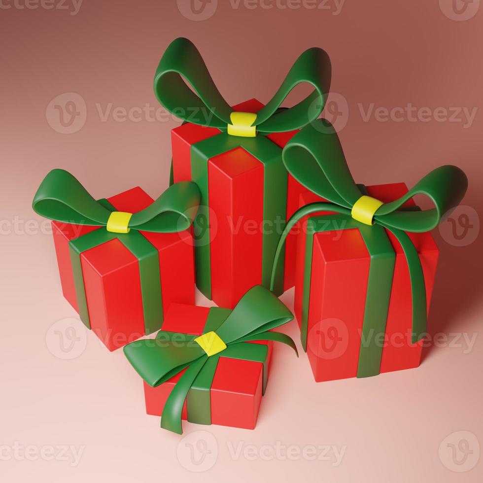 feliz ano novo e feliz natal caixas de presente vermelhas com laços verdes e confetes de lantejoulas amarelas. Visão de perspectiva. renderização 3D foto