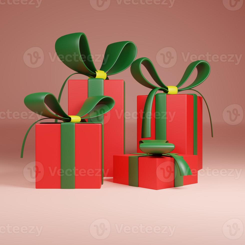 feliz ano novo e feliz natal caixas de presente vermelhas com laços verdes e confetes de lantejoulas amarelas. vista frontal. renderização 3D foto
