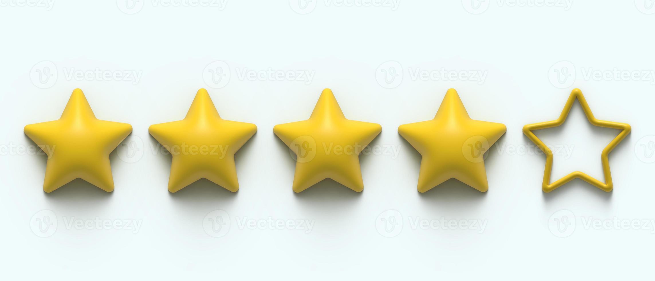 cinco sinal de classificação de 5 estrelas. quatro estrelas douradas de cinco. sistema de classificação. 3D rendem classificação de ícone de etiqueta de estrelas douradas brilhantes isolada no fundo. classificação de serviço, conquista, símbolo de revisão foto