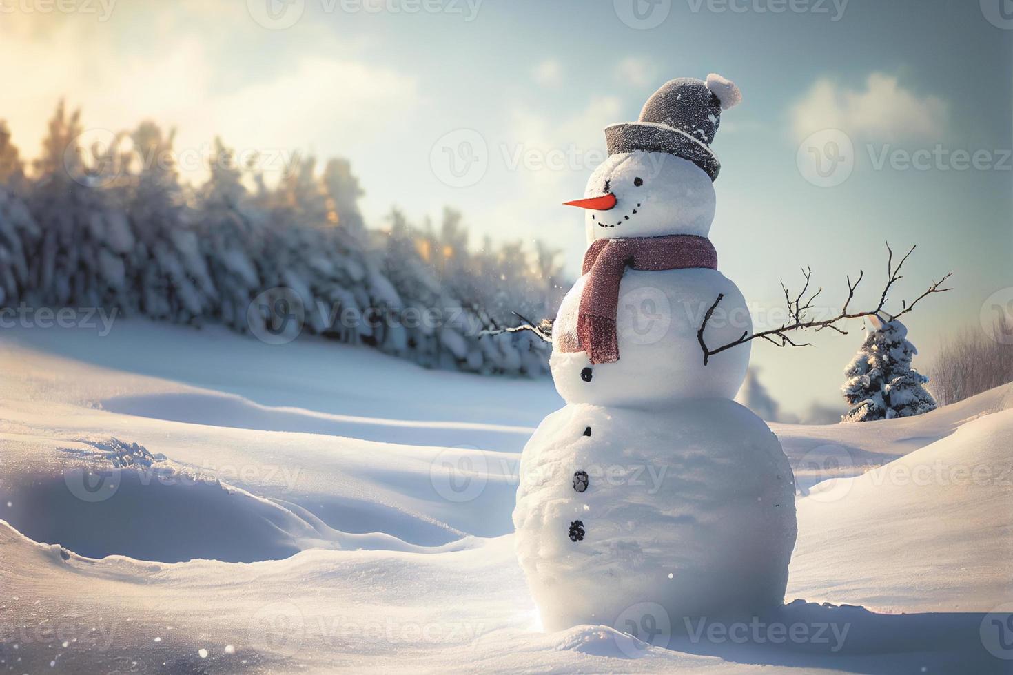 boneco de neve em pé na paisagem de natal de inverno. fundo de neve com espaço livre para texto foto