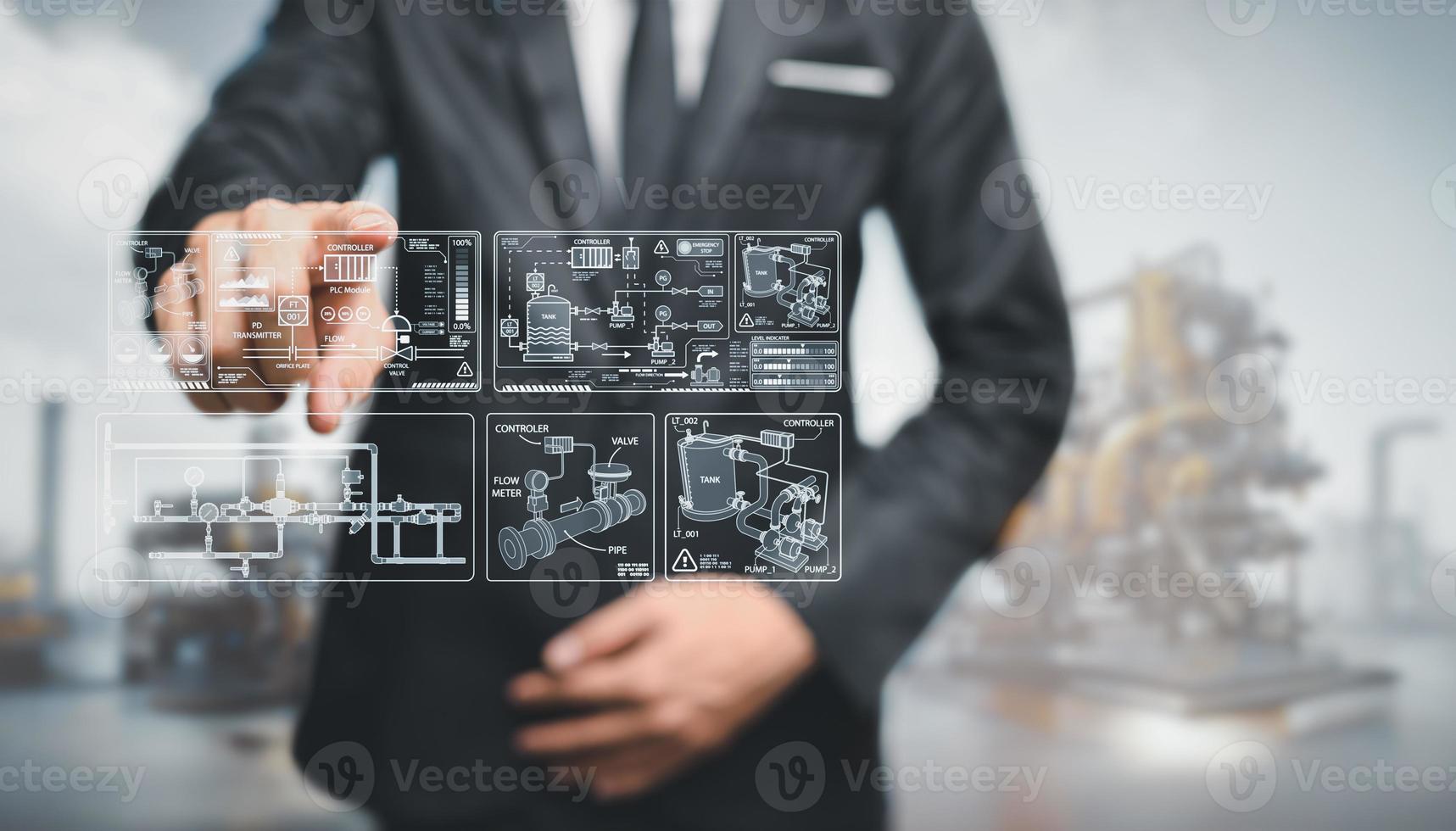 diagrama de tubulação e instrumentos engenheiros da equipe de controle do sistema estão inspecionando processos de fabricação trabalhando em telas holográficas da indústria mostrando vários sistemas de tubulação e controle dentro da planta foto