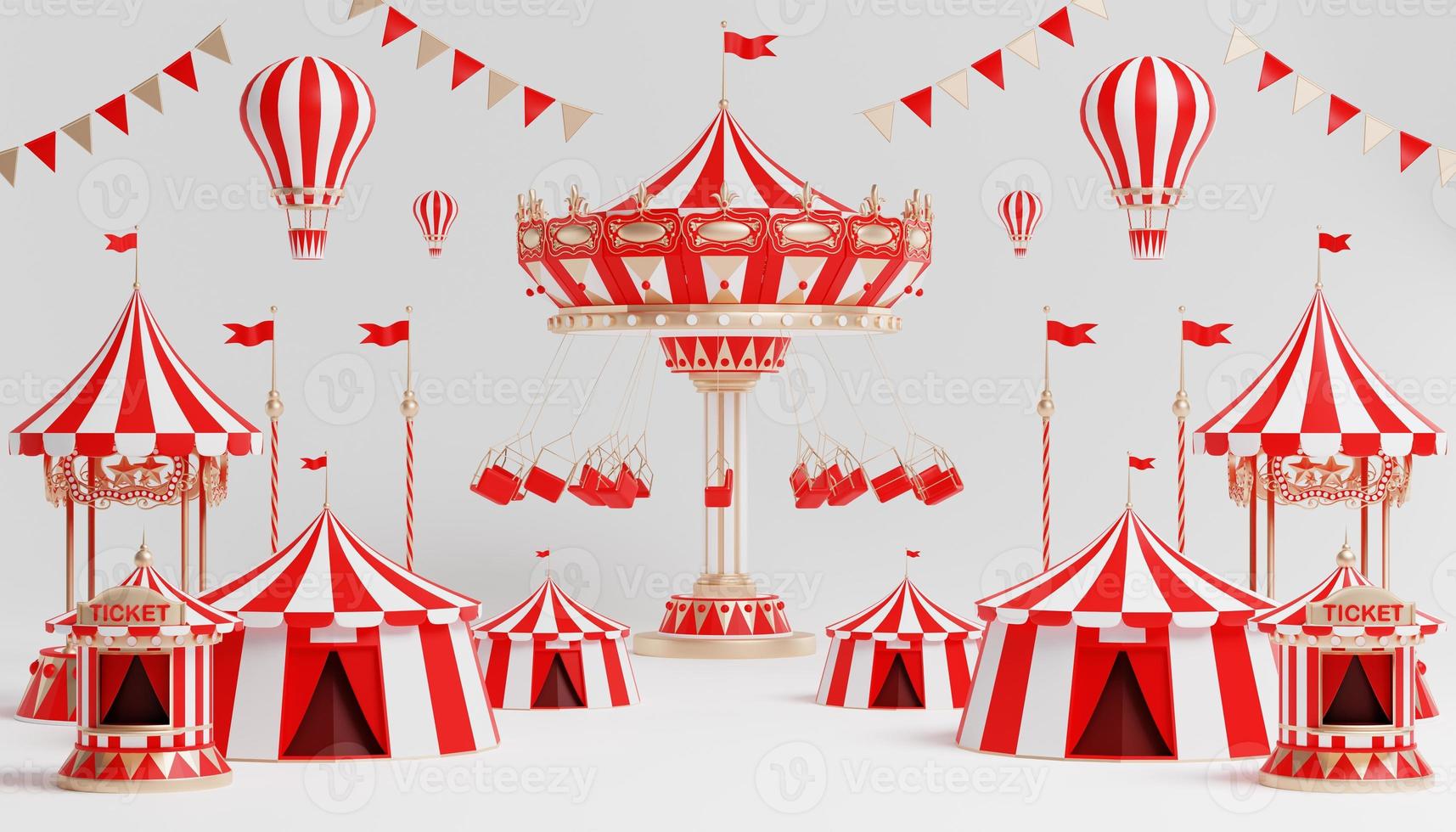 parque de diversões 3d, circo, pódio de tema de feira de carnaval com muitos passeios e lojas ilustração 3d de tenda de circo foto