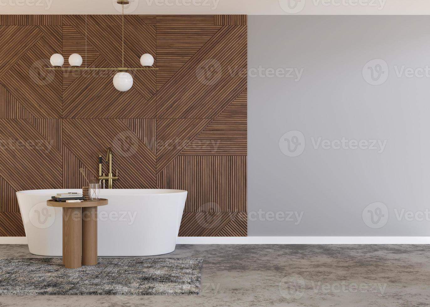 banheiro lindo e moderno. painéis de madeira. banheira. interior de casa em estilo contemporâneo. banheiro de luxo simulado. livre, copie o espaço para seus móveis, radiador ou outros detalhes. renderização 3D. foto