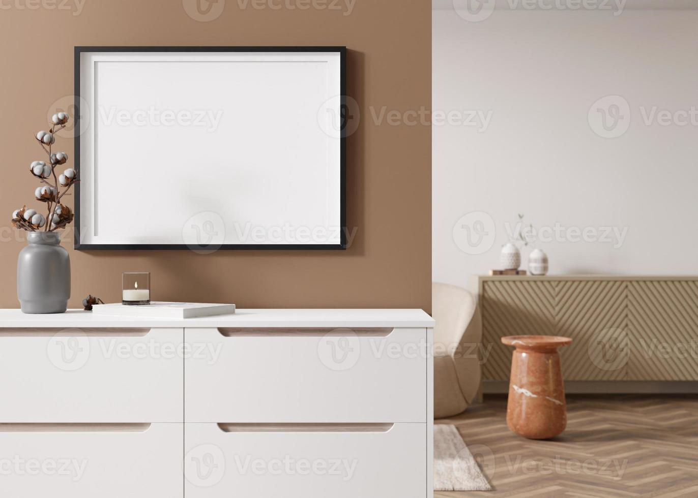 Moldura para retrato horizontal preta vazia na parede marrom na moderna sala de estar. mock up interior em estilo contemporâneo. livre, copie o espaço para sua foto, cartaz. aparador, vaso, algodoeiro. renderização 3D. foto