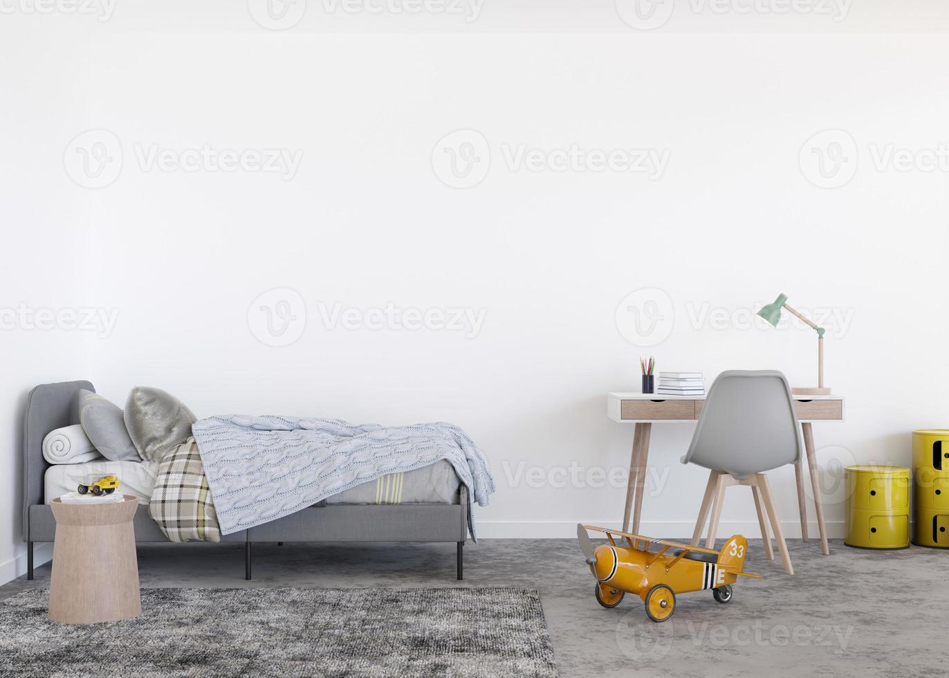 parede branca vazia no quarto de criança moderno. mock up interior em estilo escandinavo contemporâneo. copie o espaço para sua foto ou cartaz. cama, mesa, brinquedos. quarto aconchegante para crianças. renderização 3D.